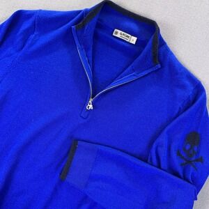 G/FORE Sweater Men LG Blue Wool 1/4 Zip Mock Neck Skull Graphic Golf Long Sleeve